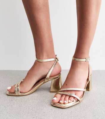 Wide Fit Gold Metallic Faux Leather Block Heel Sandals