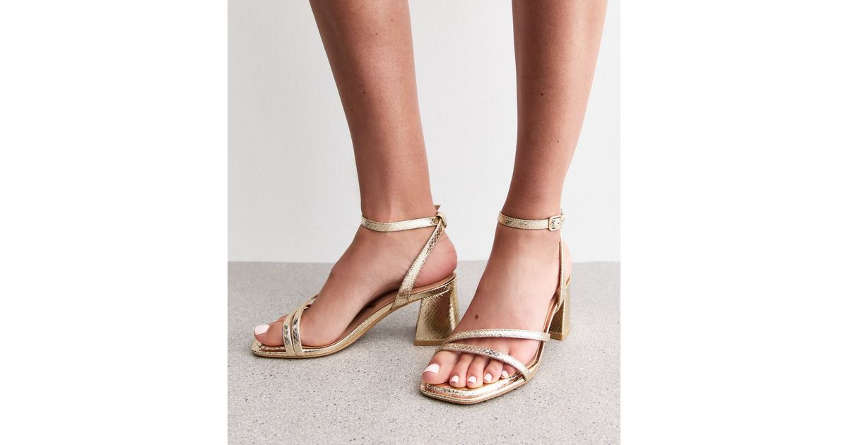 Wide Fit Gold Metallic Faux Leather Block Heel Sandals New Look