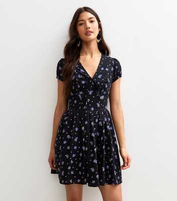 Black Floral Print Tie V-Neck Mini Dress
