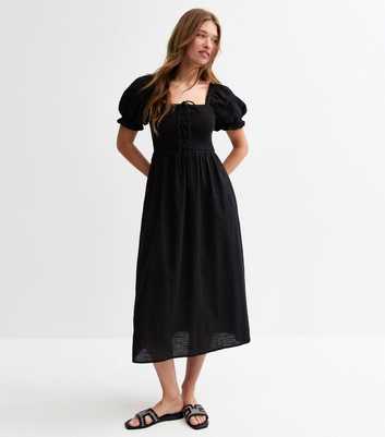 Black Tie Front Shirred Midi Dress