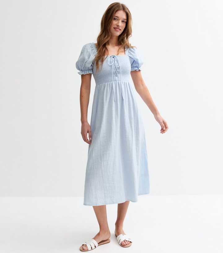Light Blue Tie Front Shirred Midi Dress