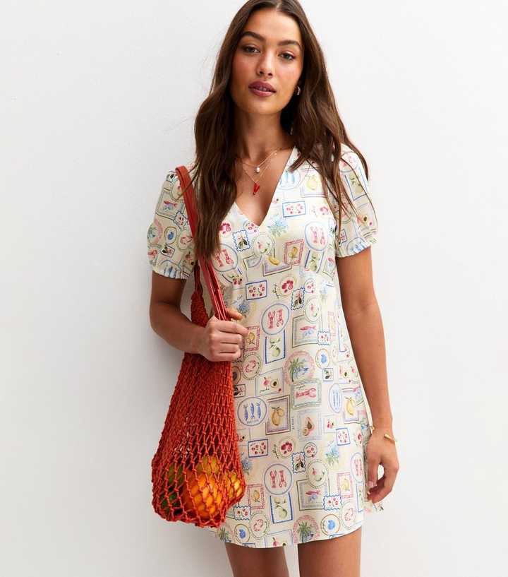 White Stamp Print Satin Tie Back Mini Dress