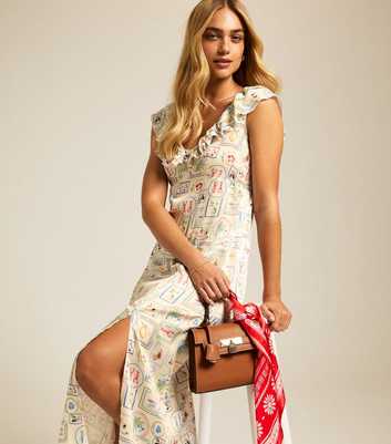 Multicoloured Tile Print Ruffled Satin Midi Dress