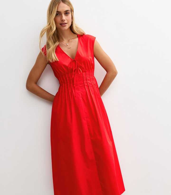 Bright Red Tie V-Neck Pintuck Midi Dress