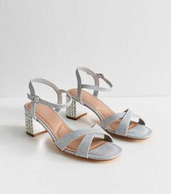 Silver Metallic Jewelled Block Heel Sandals