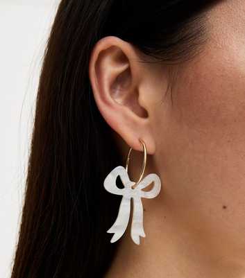 Cream Bow Drop Hoop Earrings