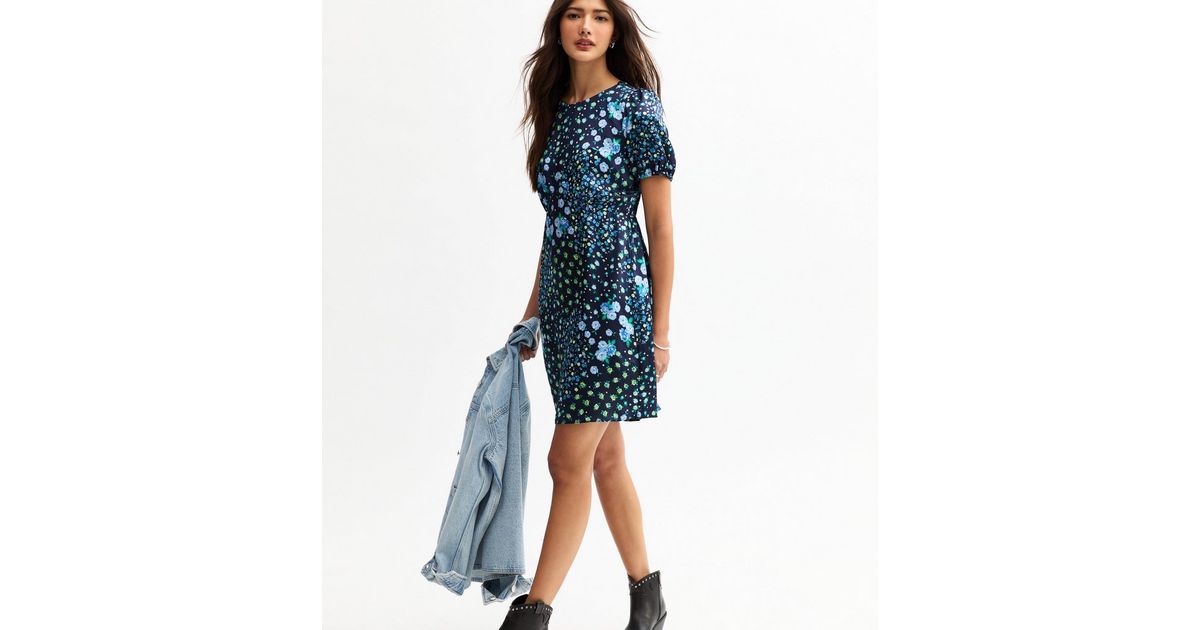 Blue Flower Print Mini Dress