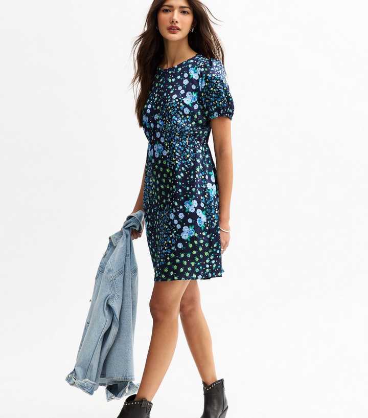 Blue Satin Floral Print Mini Dress