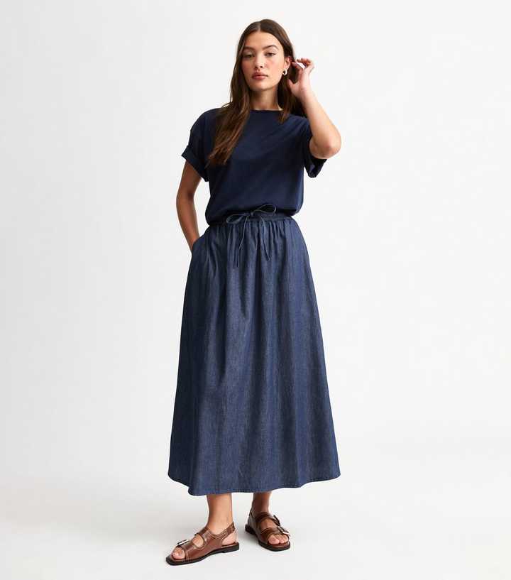 Navy Denim Look Shirred Waist Full Midi Skirt