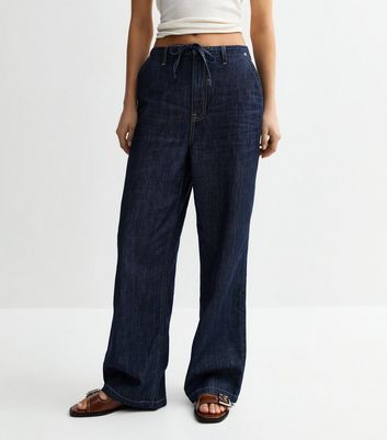 Navy Drawstring Waist Wide Leg Denim Trousers