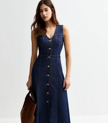 Navy Denim Button Down Midi Dress | New Look