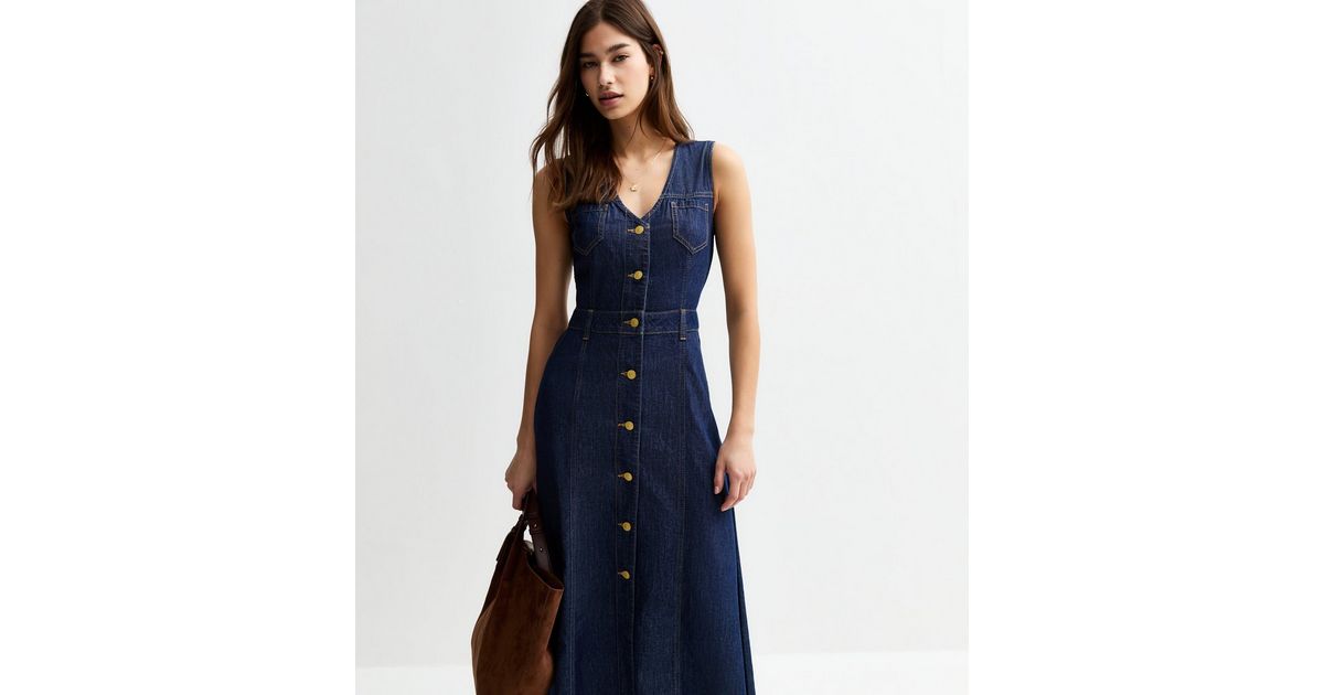 Navy Denim Button Down Midi Dress New Look