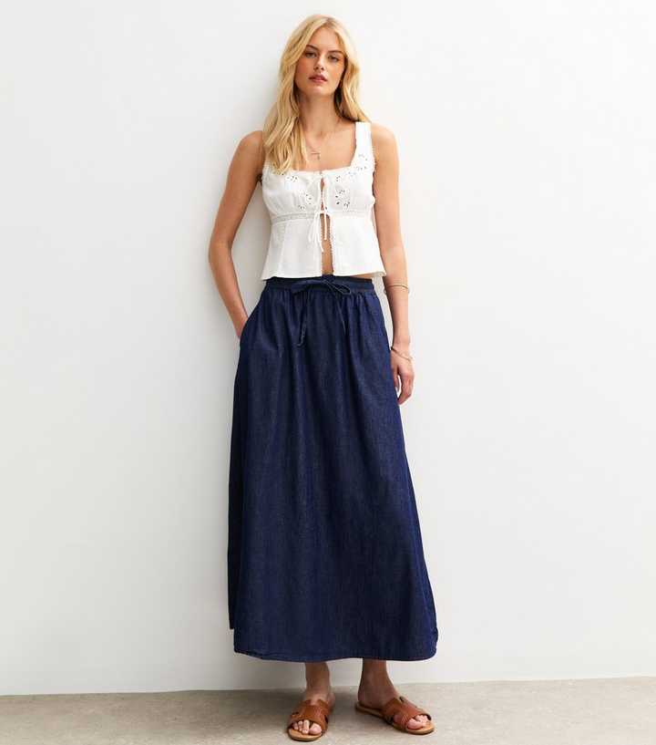 Tall Blue Denim Elasticated Waistband Midi Skirt