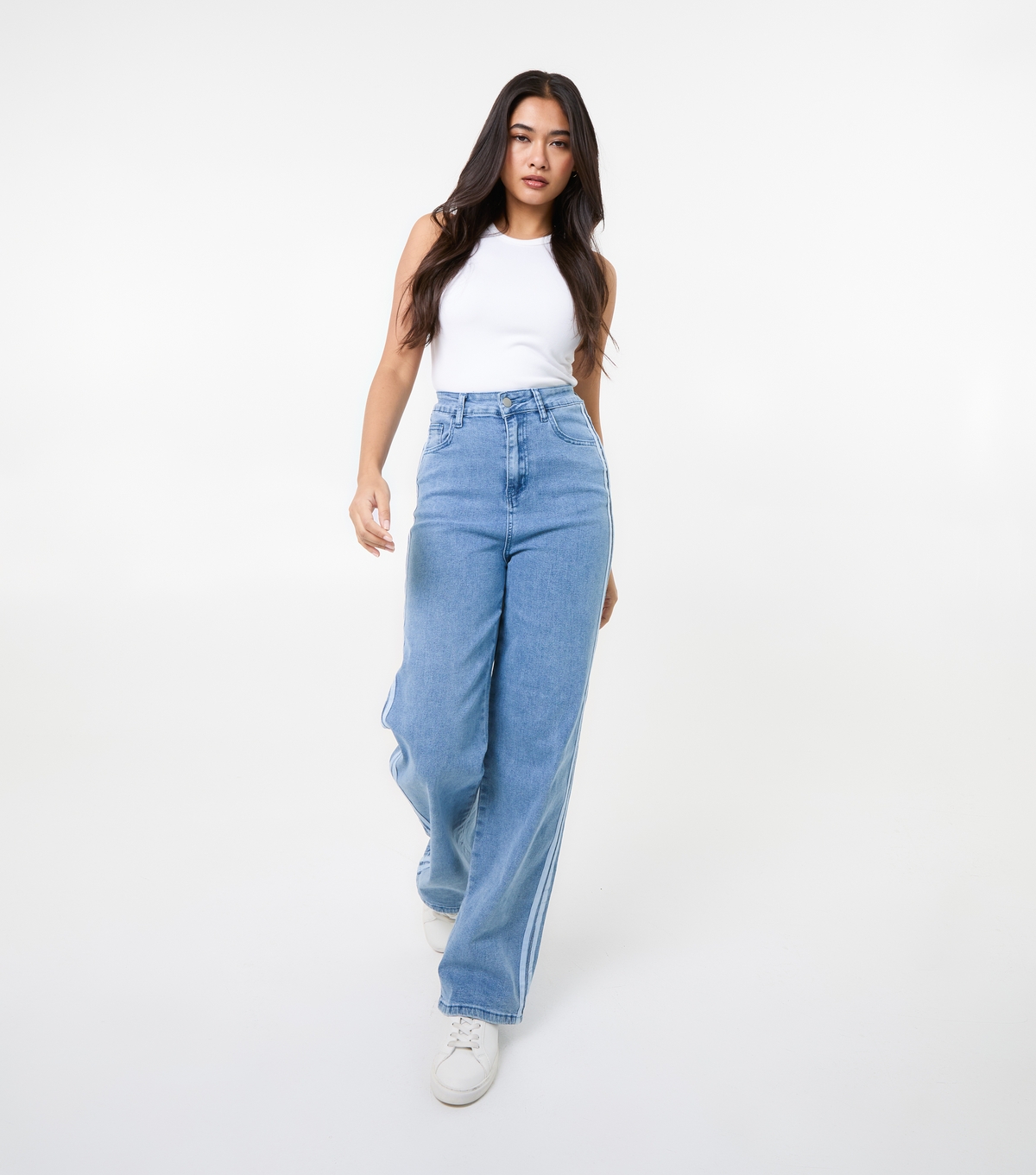 Women's Blue Side Stripe Jeans Pink Vanilla New Look