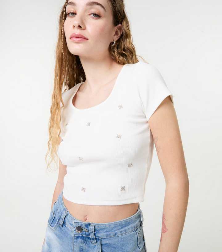 Pink Vanilla White Embellished Ribbed Top