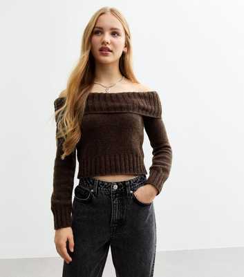 Girls Dark Brown Folded Bardot Jumper