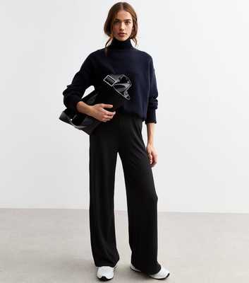 Black Ribbed Wide Leg Trousers