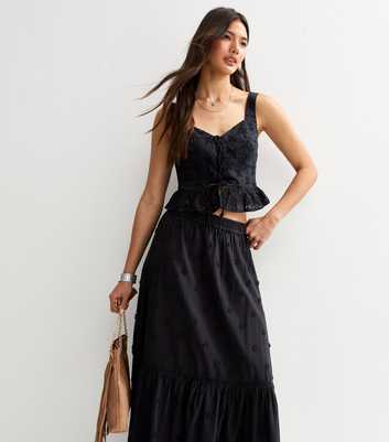 Black Floral Embroidered Midi Skirt
