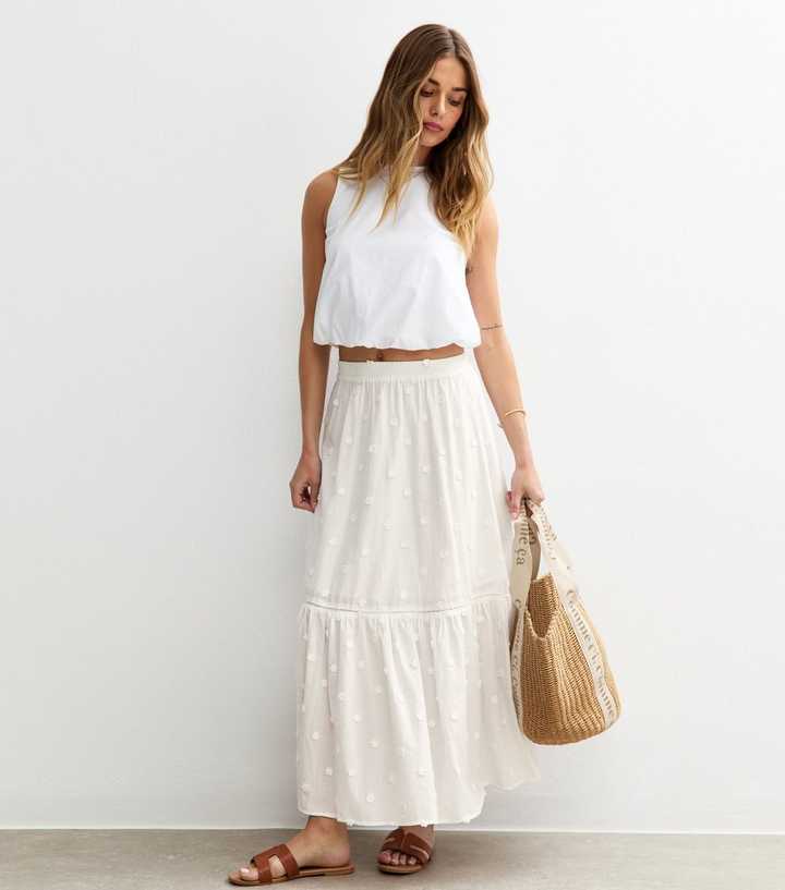 White Floral Embroidered Midi Skirt