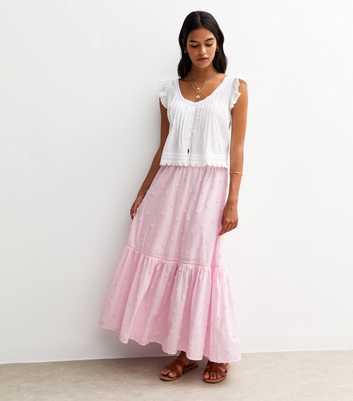 Pink Floral Embroidered Midi Skirt