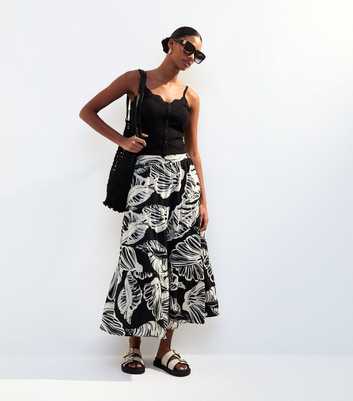 Black Leaf Print Tiered Midi Skirt