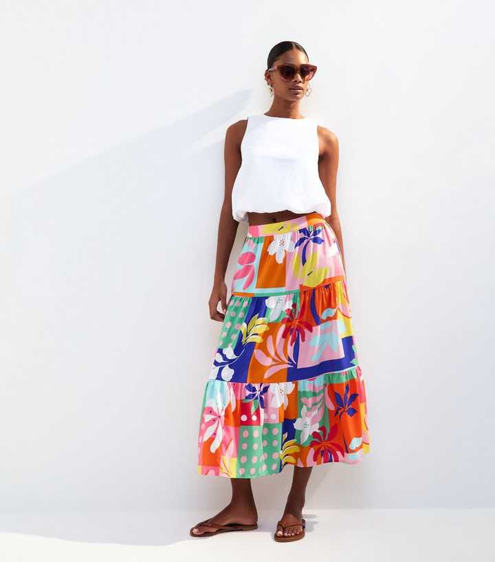 Multicoloured Patchwork Print Tiered Midi Skirt
