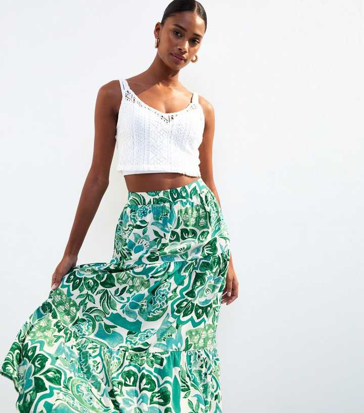 Green Paisley Print Tiered Midi Skirt