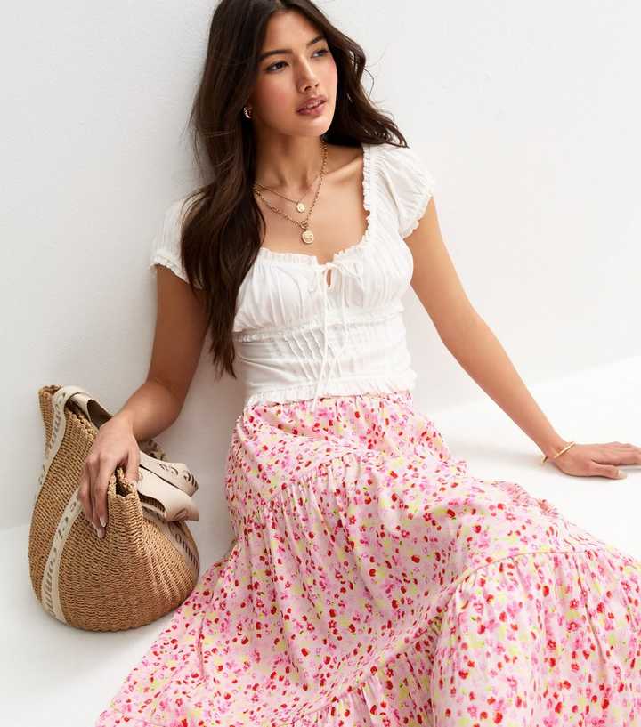 Pink Floral Print Tiered Midi Skirt New Look
