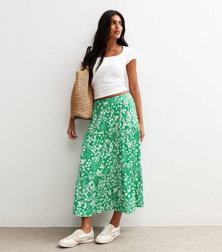 Green Floral Print Tiered Midi Skirt