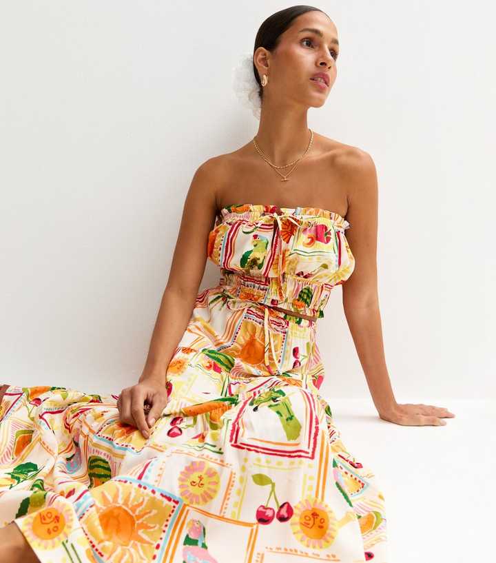 Cream Fruit Print Frill Trimmed Bandeau Top