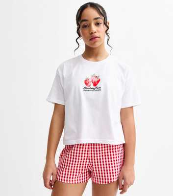 Girls White and Red Strawberry Print Shorts Pyjama Set
