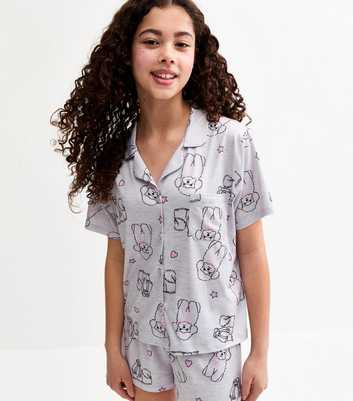 Girls Grey Dog Illustration Print Shirt and Shorts Pyjama Set