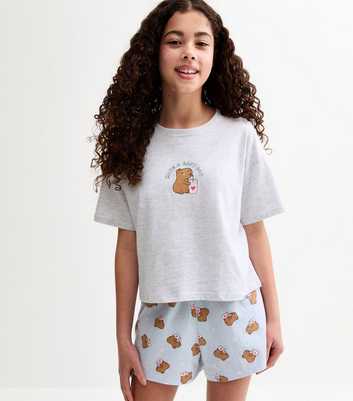 Girls. Grey Have A Capy Day T-Shirt and Shorts Pyjama Set