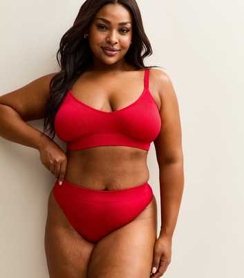 Curves Red Ribbed Seamless High Waisted Thong