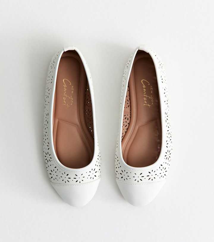 Wide Fit White Faux Leather Laser Cut Ballet Flats