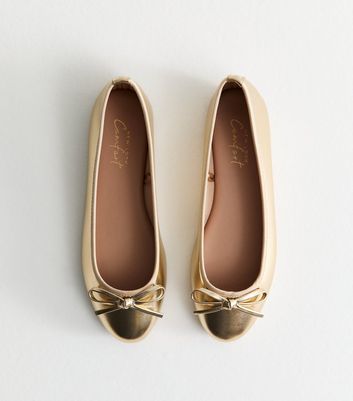 Gold Metallic Faux Leather Ballet Pumps