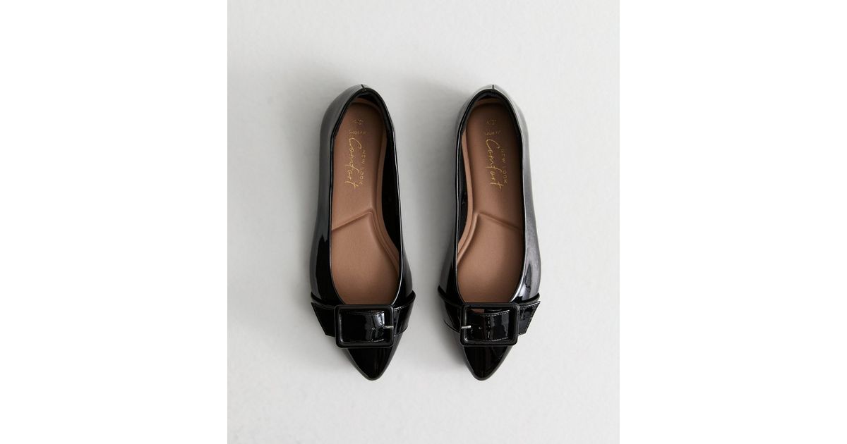 Wide Fit Black Patent Faux Leather Buckled Ballet Flats | New Look