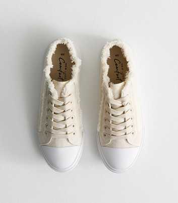 Off White Canvas Frayed Edge Lace-Up Trainers