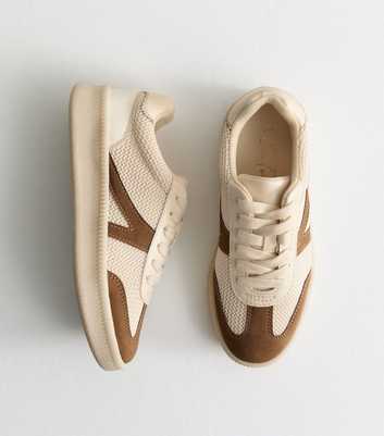 Camel Raffia-Textured Panelled Trainers