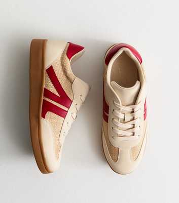 Camel Raffia-Look Panelled Trainers
