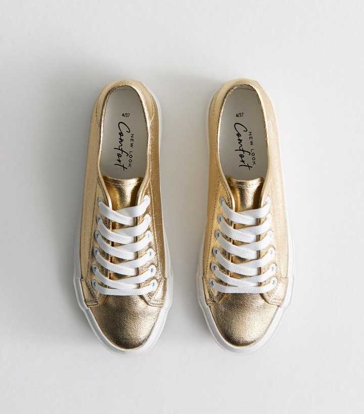 Gold Metallic Canvas Lace Up Trainers