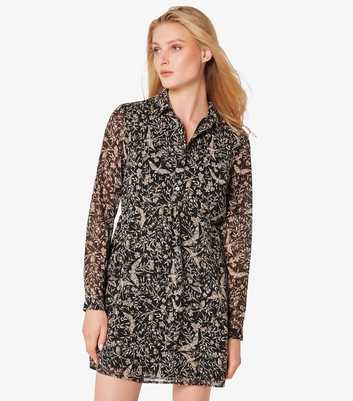 Apricot Black Bird Print Shirt Mini Dress