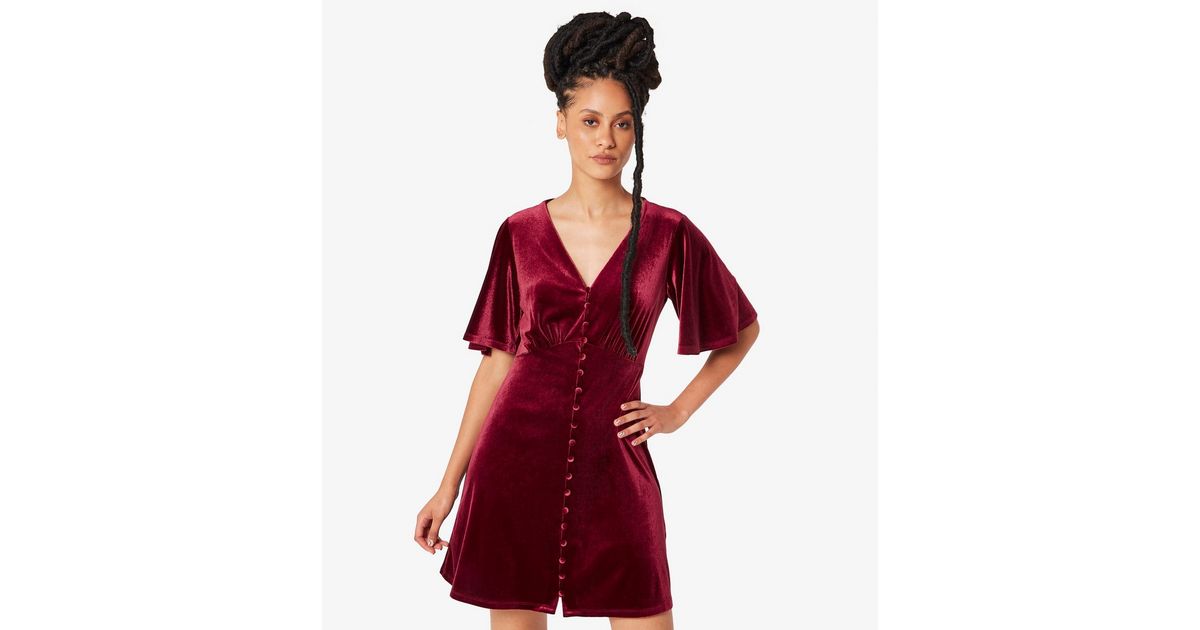 Apricot Burgundy Velvet Angel Sleeve Mini Dress New Look
