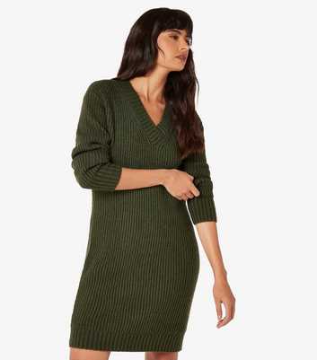 Apricot Dark Green V-Neck Ribbed Knit Jumper Dress