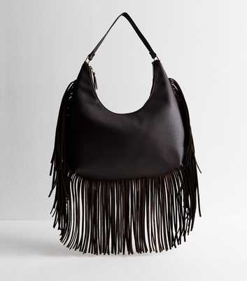 Dark Brown Faux Leather Fringed Shoulder Bag