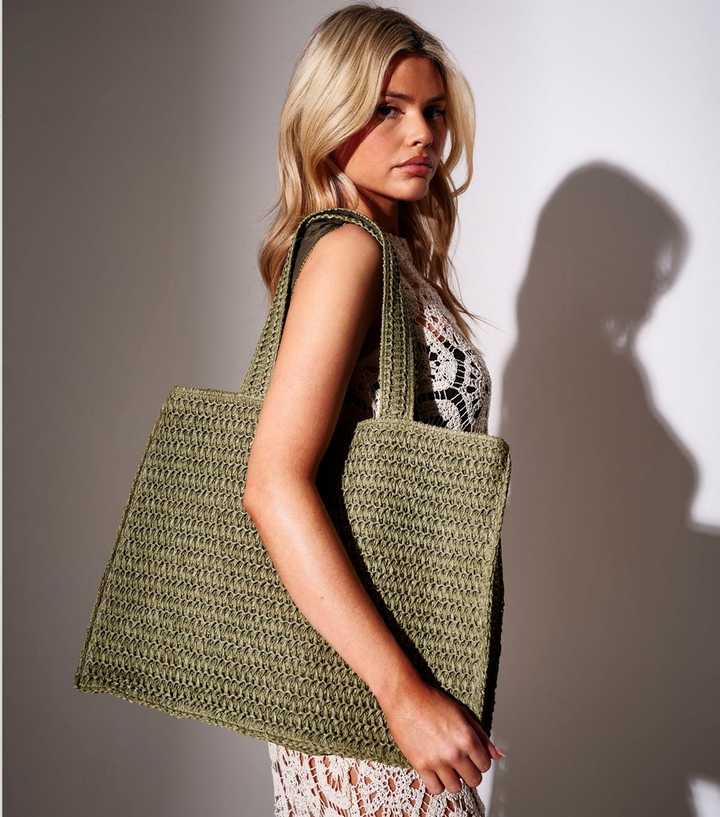 South Beach Green Straw Woven Tote Bag