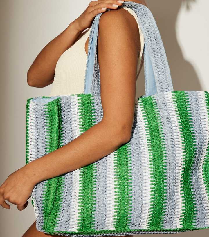 South Beach Blue Striped Woven Tote Bag