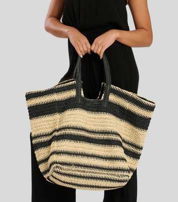 South Beach Black Striped Oversized Woven Bag