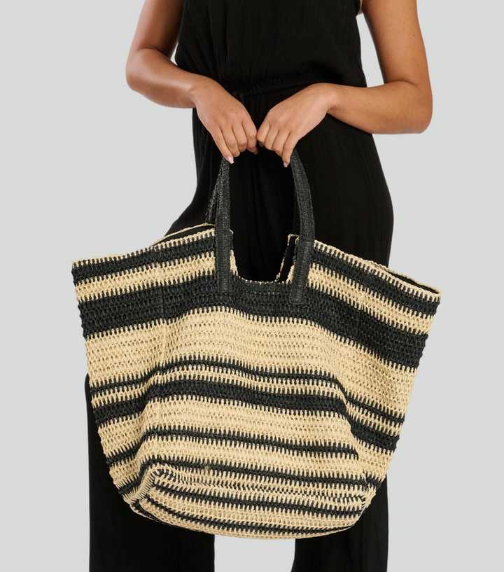 South Beach Black Striped Oversized Woven Bag