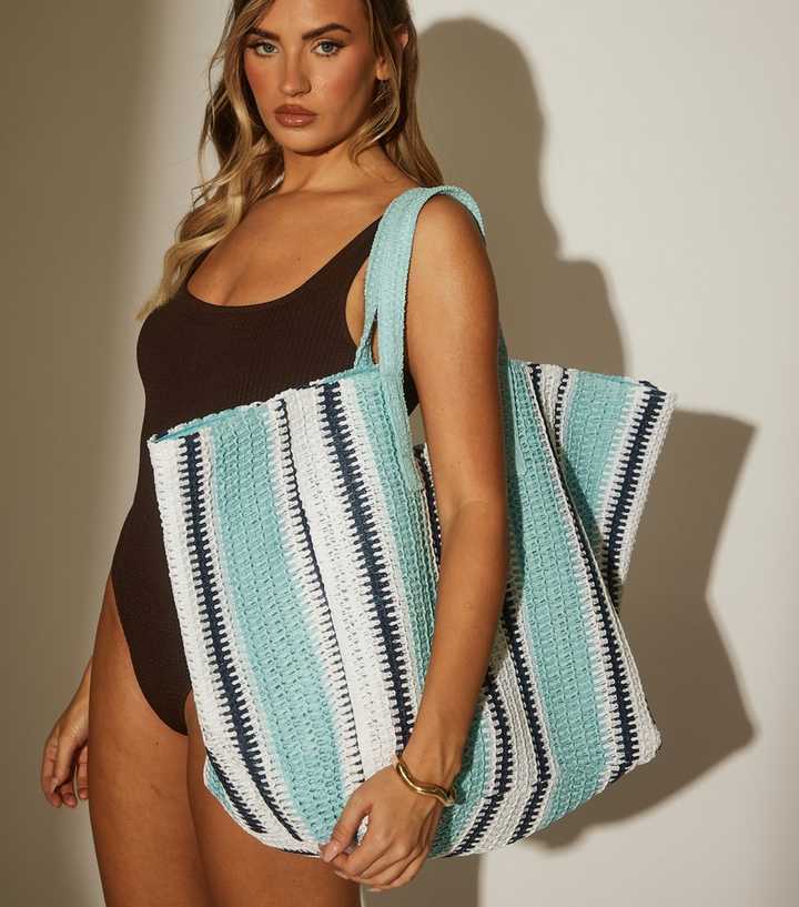 South Beach Blue Striped Woven Oversized Tote Bag
